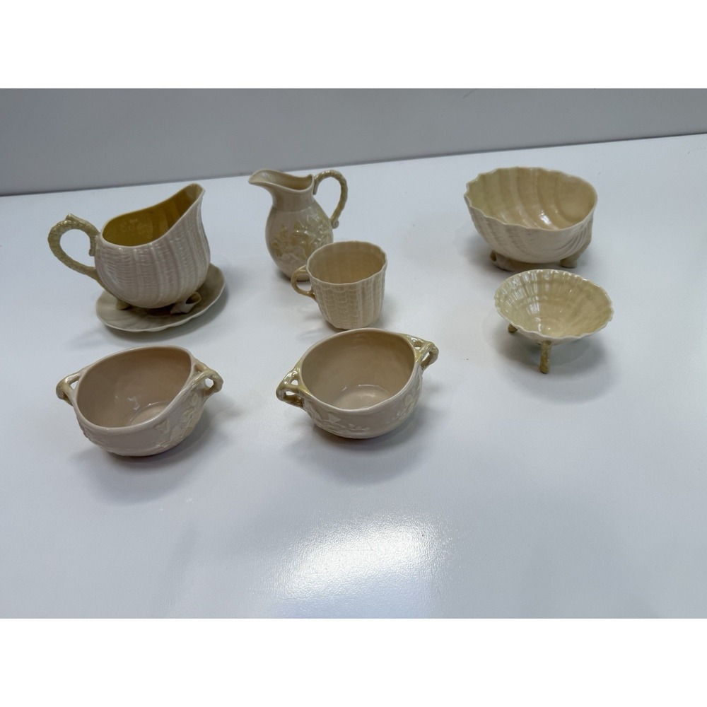 VINTAGE BELLEEK IRELAND "NEPTUNE" YELLOW CREAM AND SUGAR SET Cups Plate